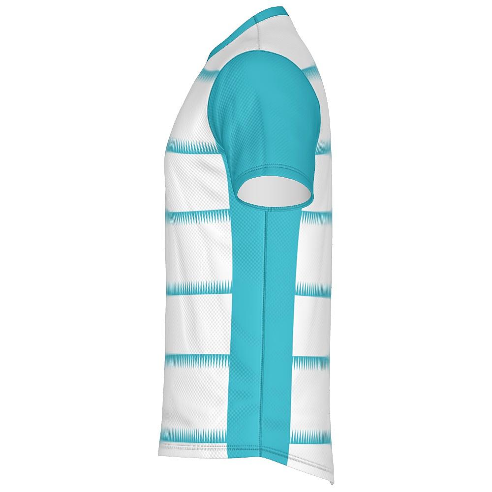 White shirt with teal sleeves and sawtooth stripes