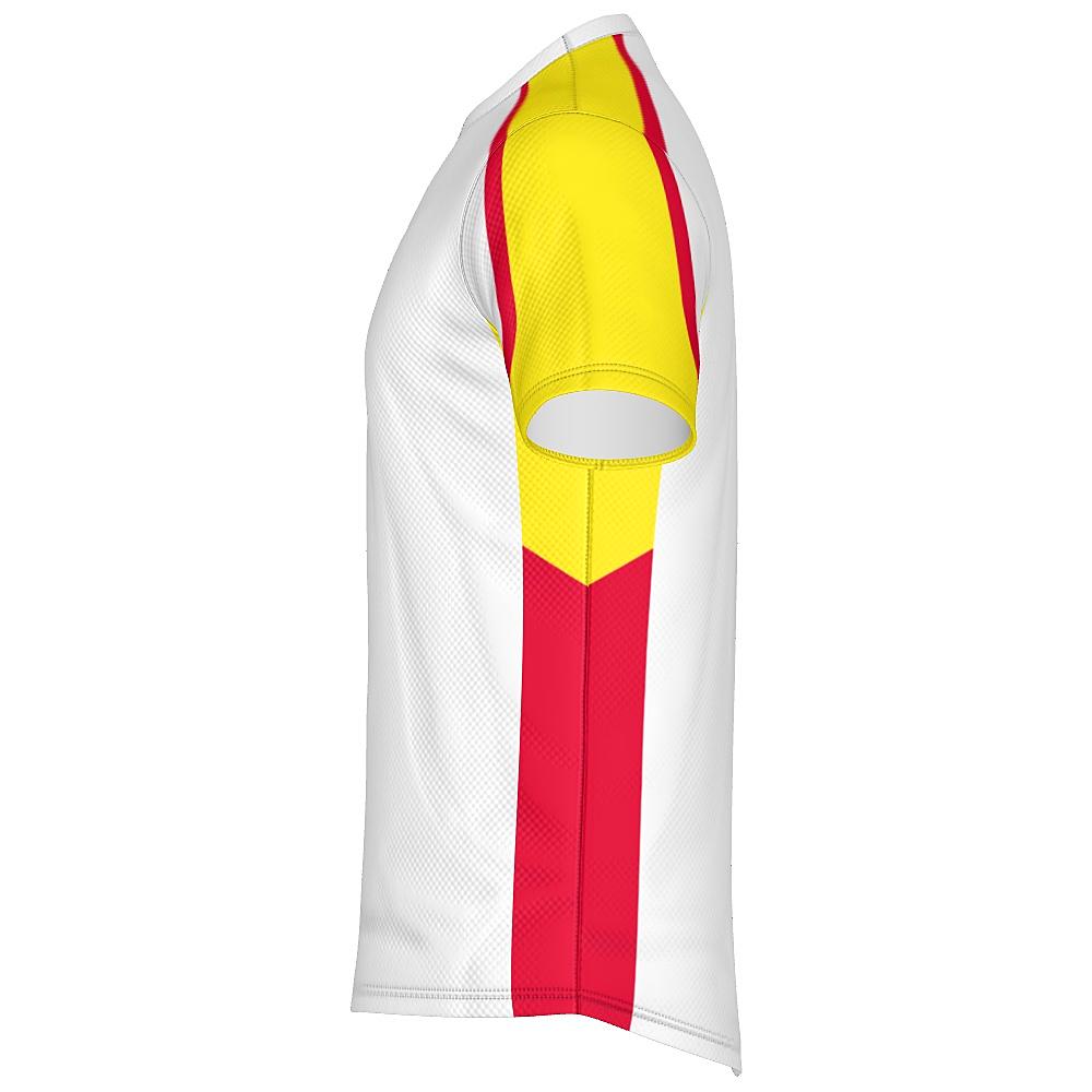 White shirt with yellow and red accents on a white background