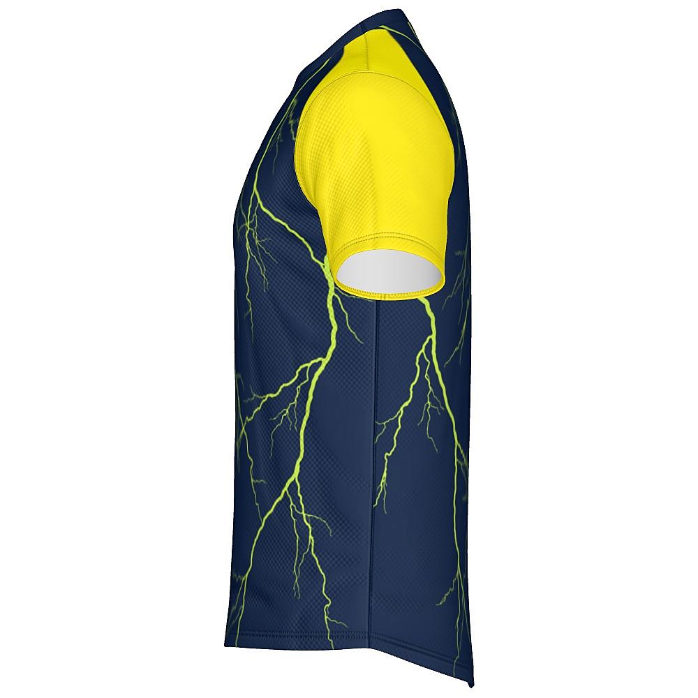 Navy shirt with yellow sleeves and lightning design on a white background