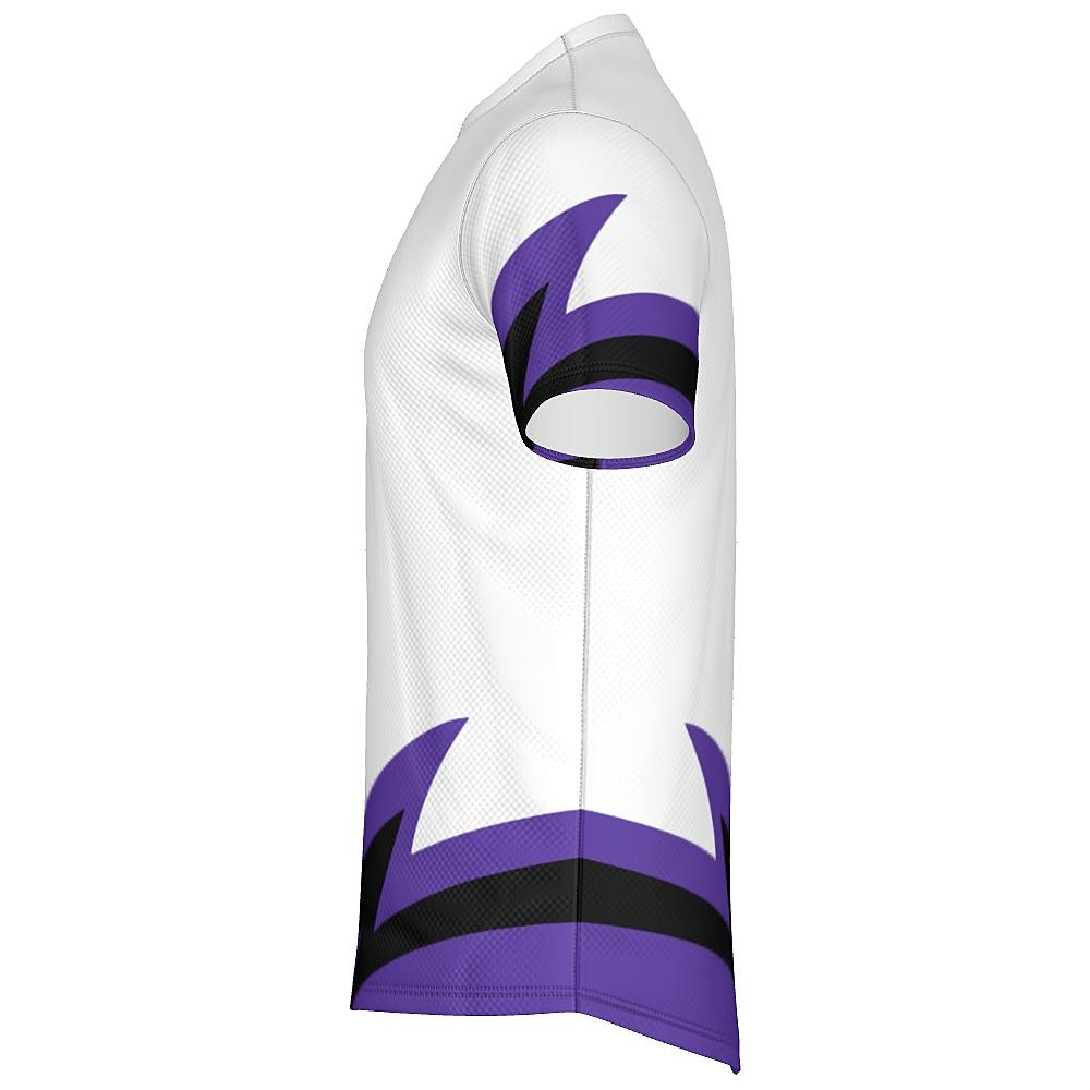 White shirt with black and purple accents on a white background
