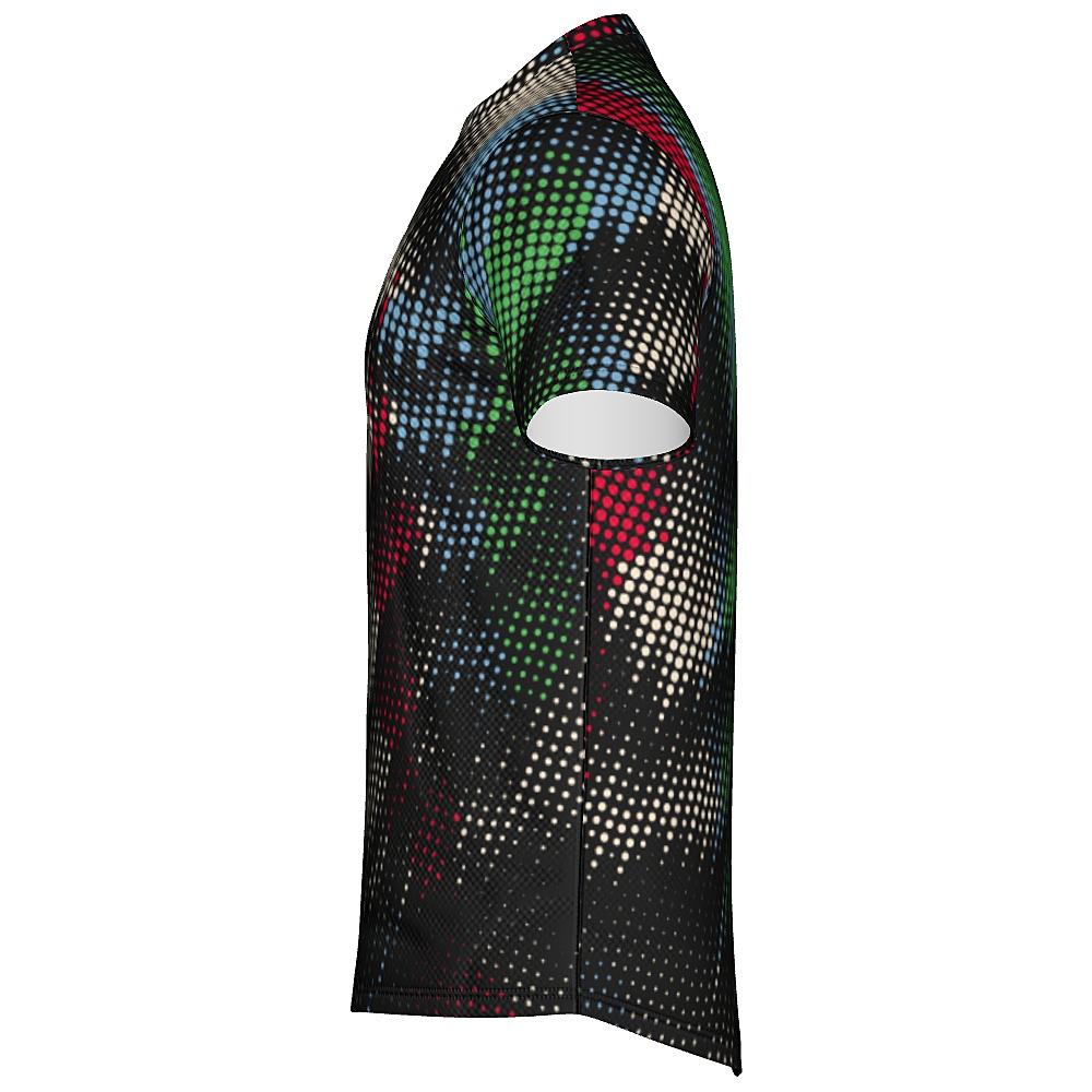 Black shirt with multicolored dot pattern on a white background