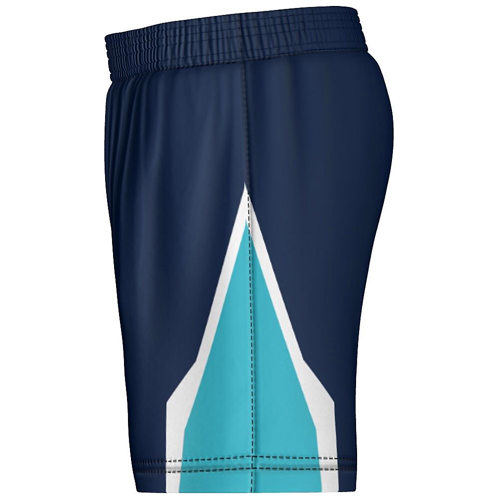 Navy shorts with light blue and white accents on a white background