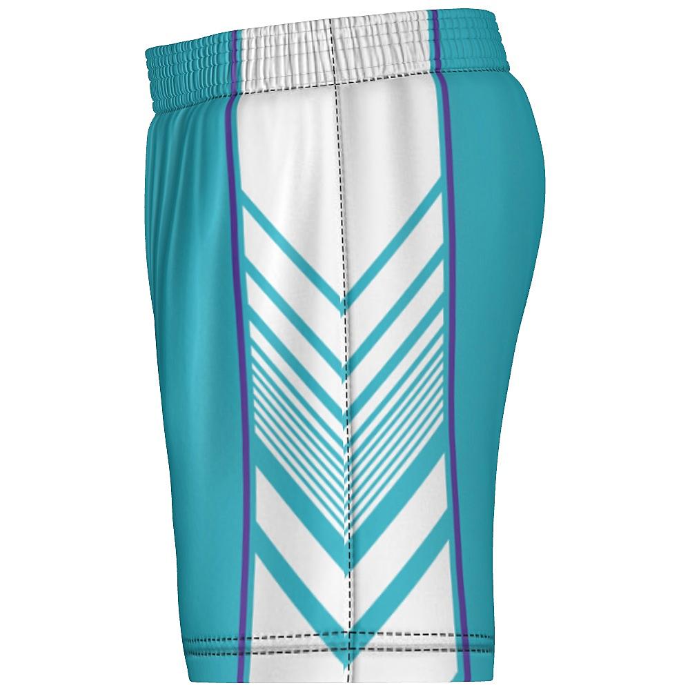 Teal shorts with white and purple side panels on a white background