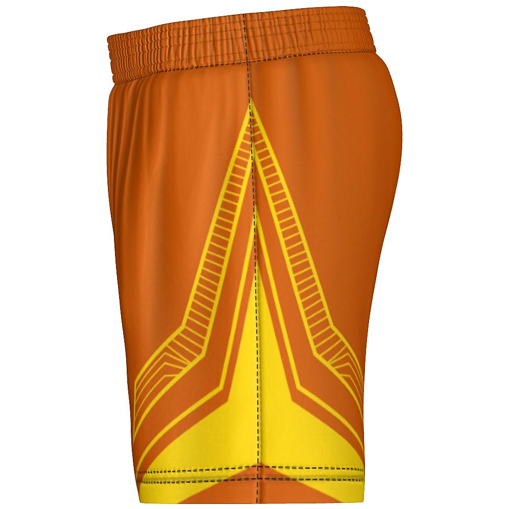 Orange shorts with yellow accents on a white background