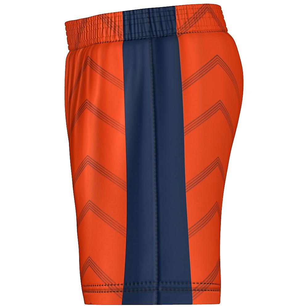 Orange shorts with navy accents and chevron design on a white background