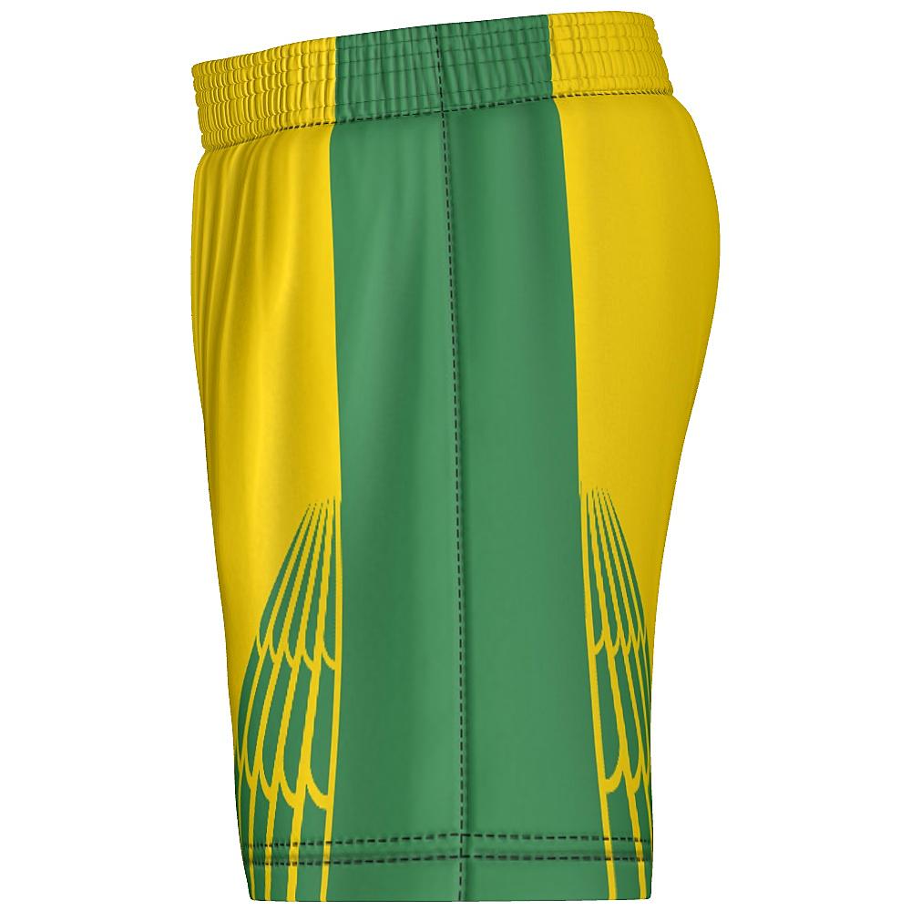 Yellow and green shorts with feather design on lower legs