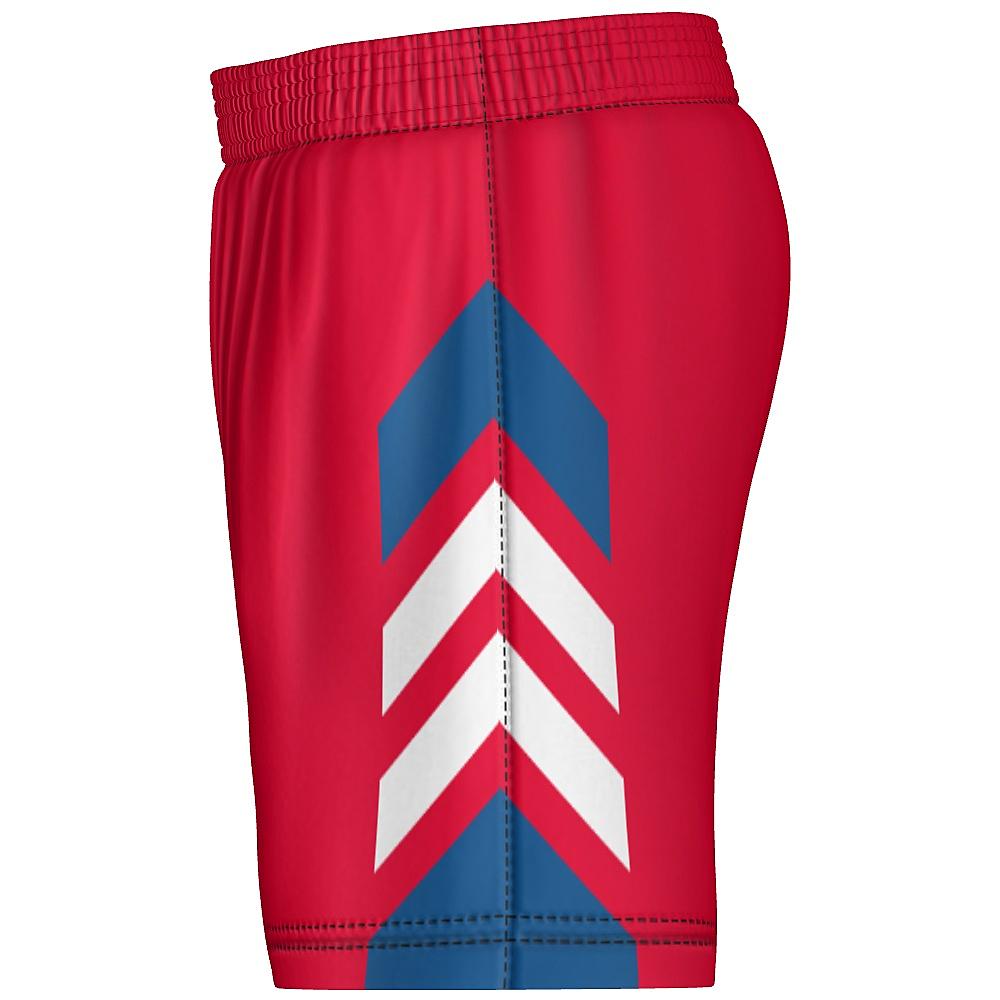 Red shorts with blue and white accents on a white background