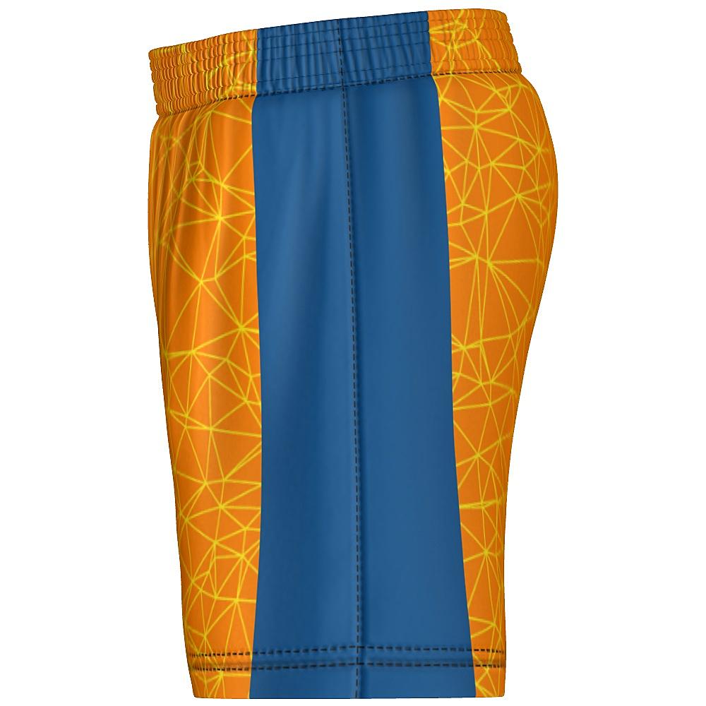 Orange shorts with yellow geometric design and blue accents on a white background
