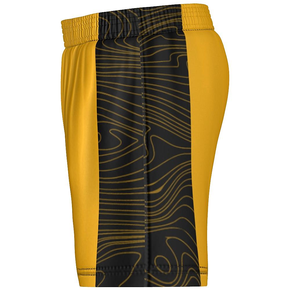 Gold shorts with black side panels featuring topographic design, on a white background