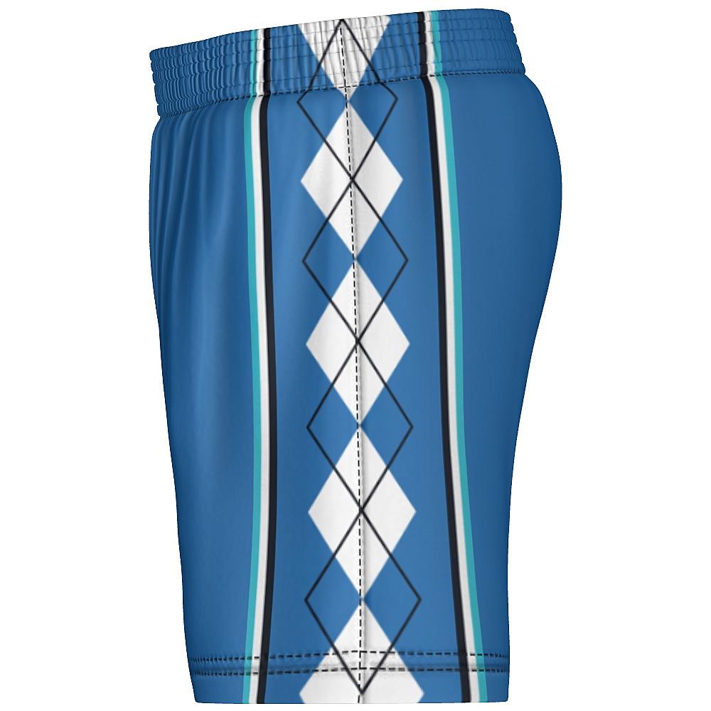 Blue shorts with white and black argyle design on side panels