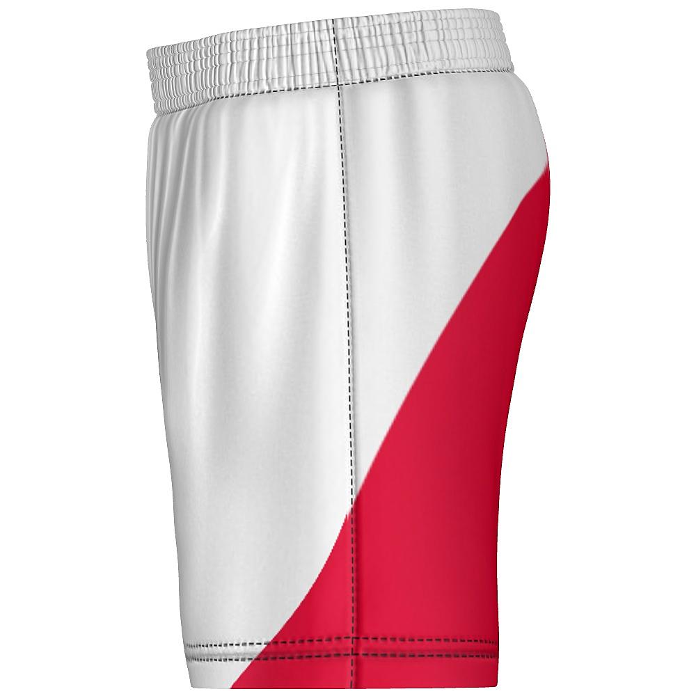White shorts with red curved area on back, on a white background