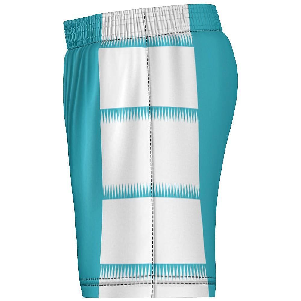 Teal shorts with white side panels featuring sawtooth stripes