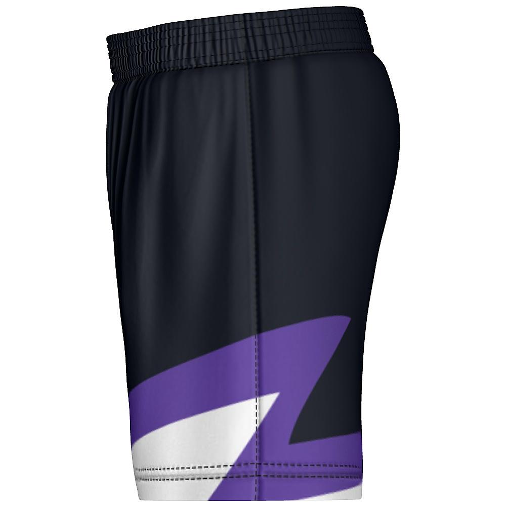Black shorts with white and purple accents on a white background