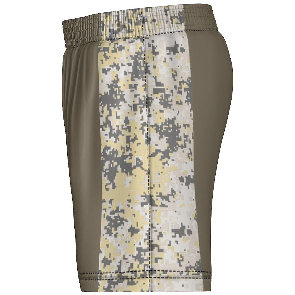 Earth-tone shorts with digital camo design on a white background