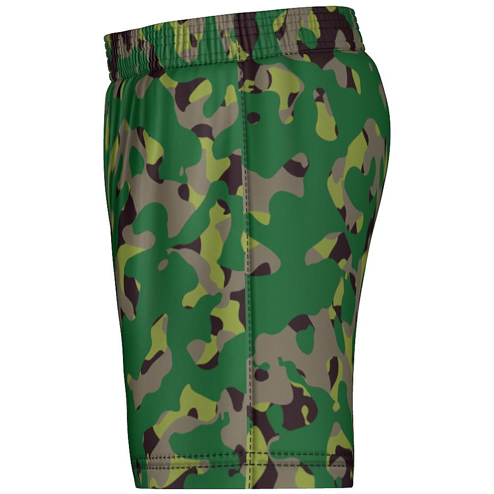 Shorts with green camouflage design on a white background