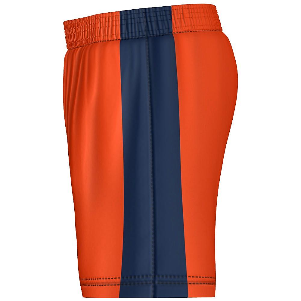 Orange shorts with navy side panels on a white background