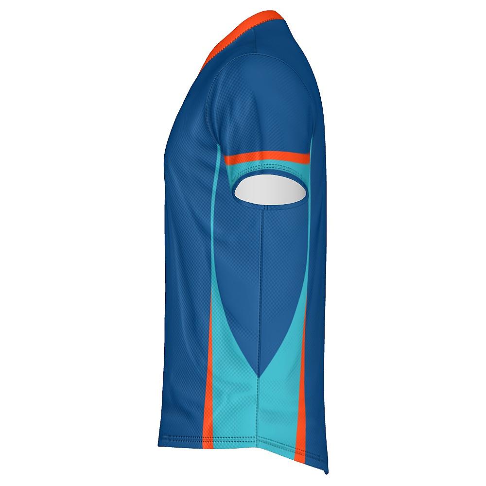 Blue shirt with teal and orange accents on a white background