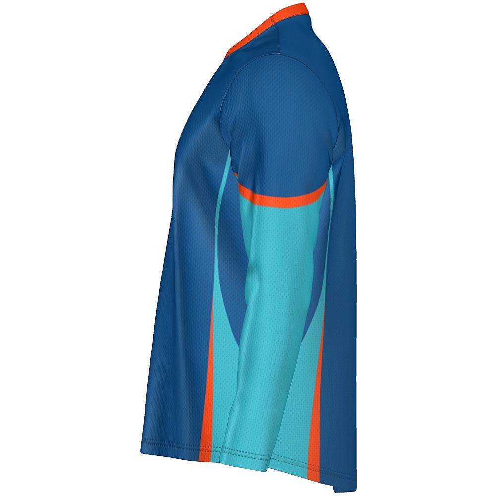 Blue long-sleeve top with teal and orange accents on a white background
