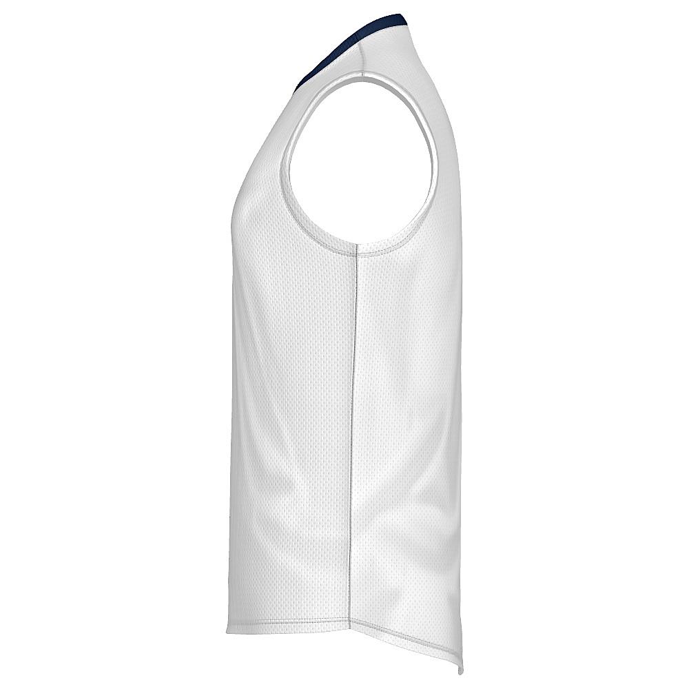 White sleeveless shirt with navy collar on a white background
