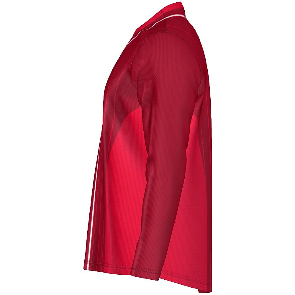 Red long-sleeve shirt with pinstripe design on a white background