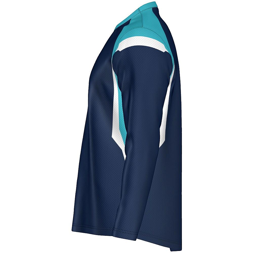 Navy long-sleeve shirt with light blue and white accents on a white background