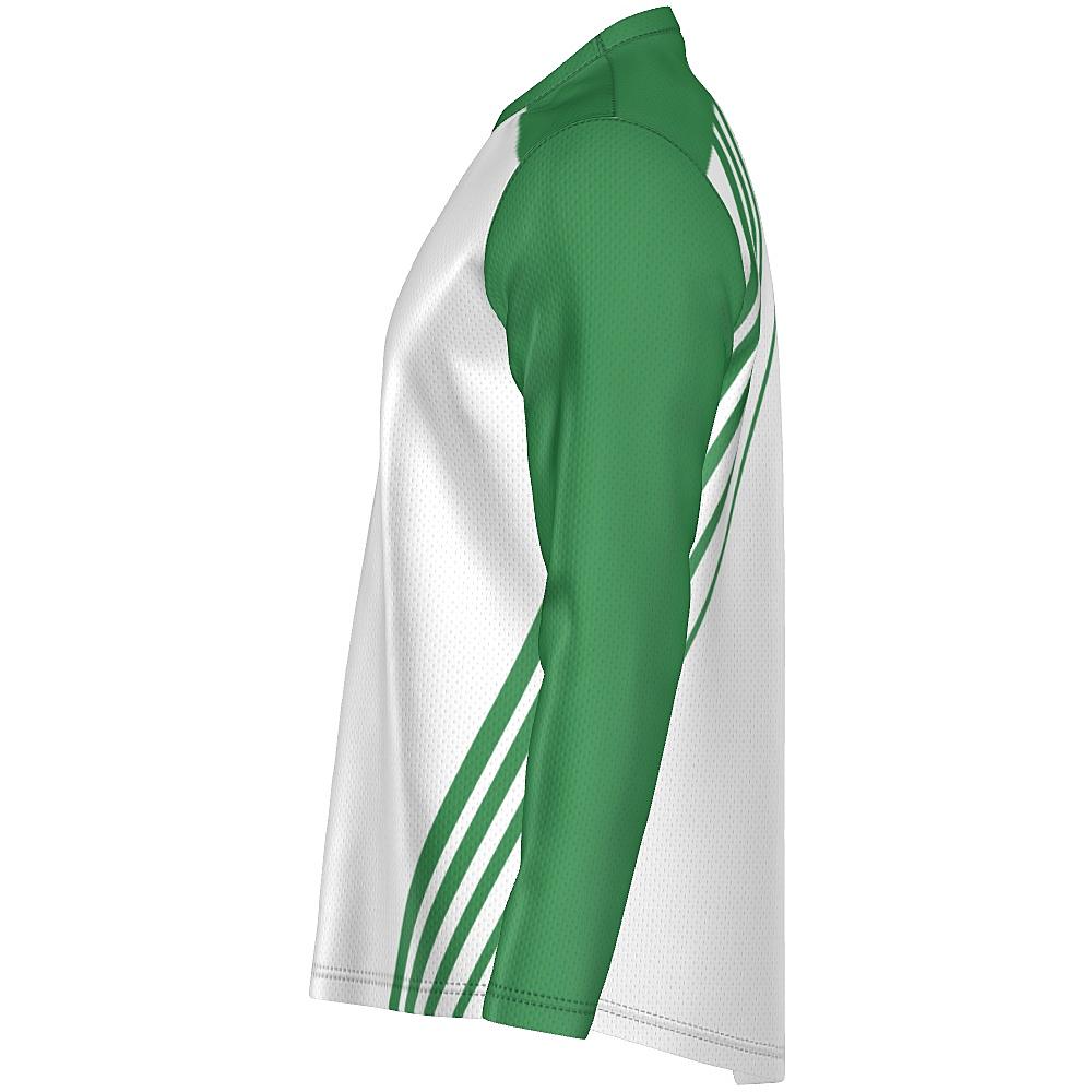 White long-sleeve shirt with green accents on a white background