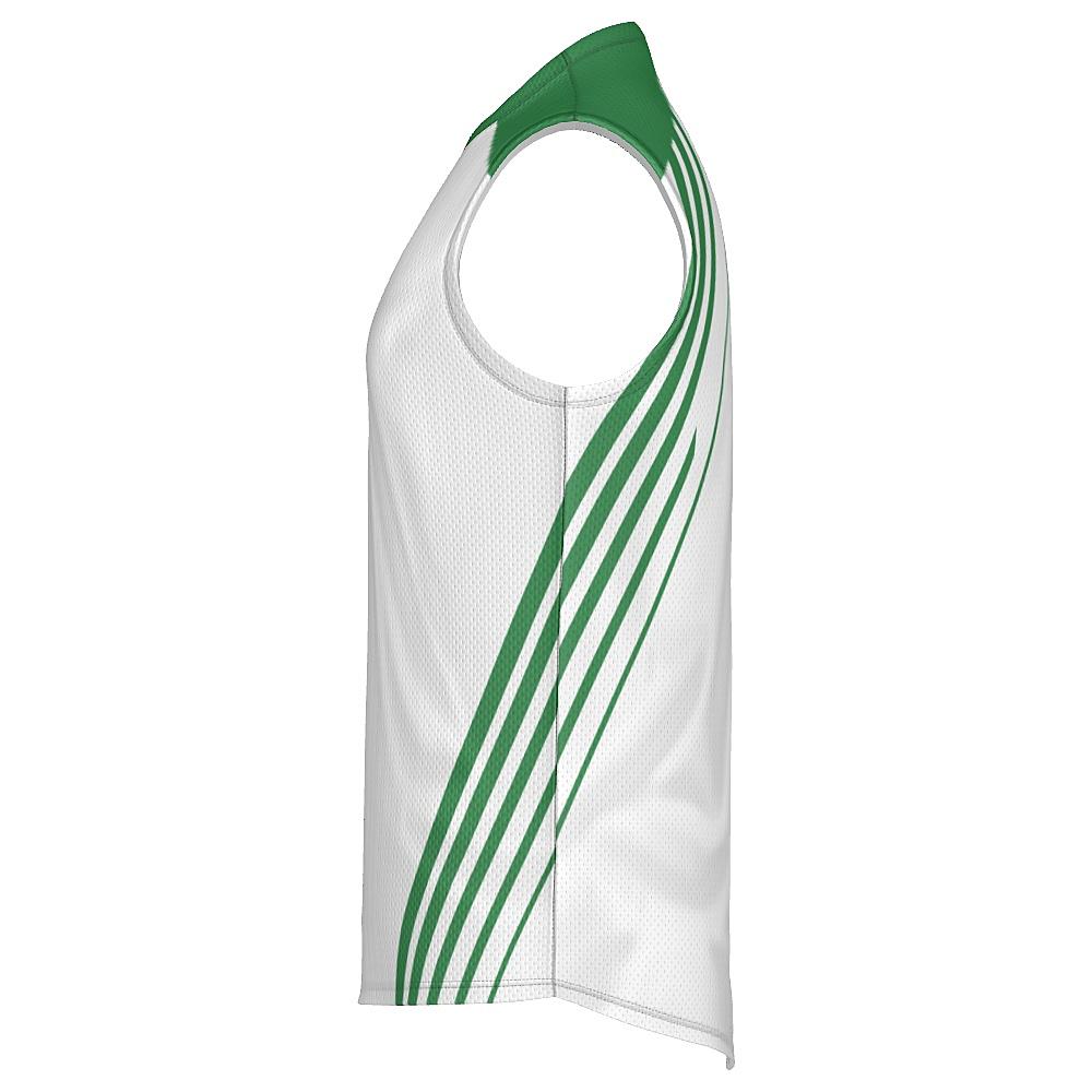 White sleeveless shirt with green accents on a white background