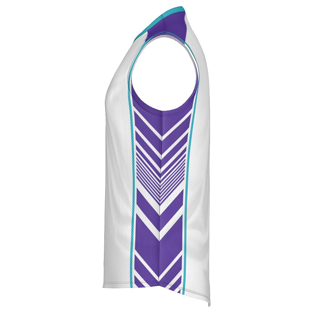 White sleeveless shirt with teal and purple accents on a white background