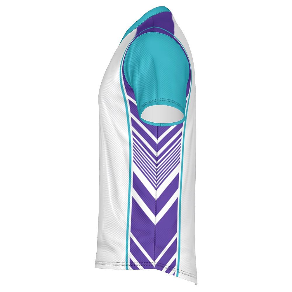 White shirt with teal and purple accents on a white background