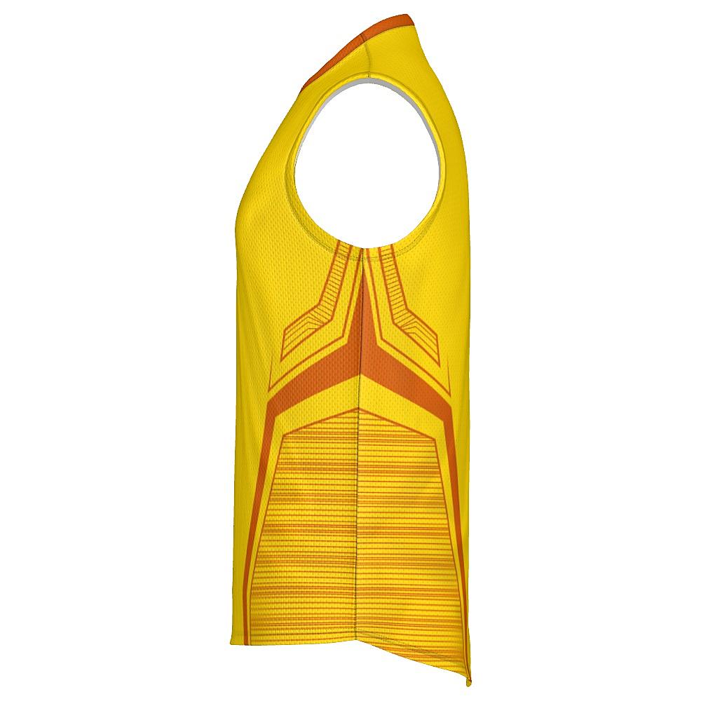 Yellow sleeveless shirt with orange accents on a white background