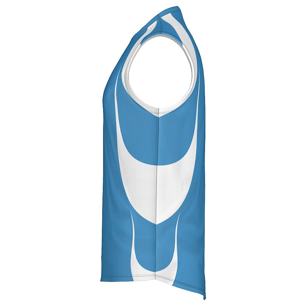 Blue sleeveless shirt with white accents on a white background