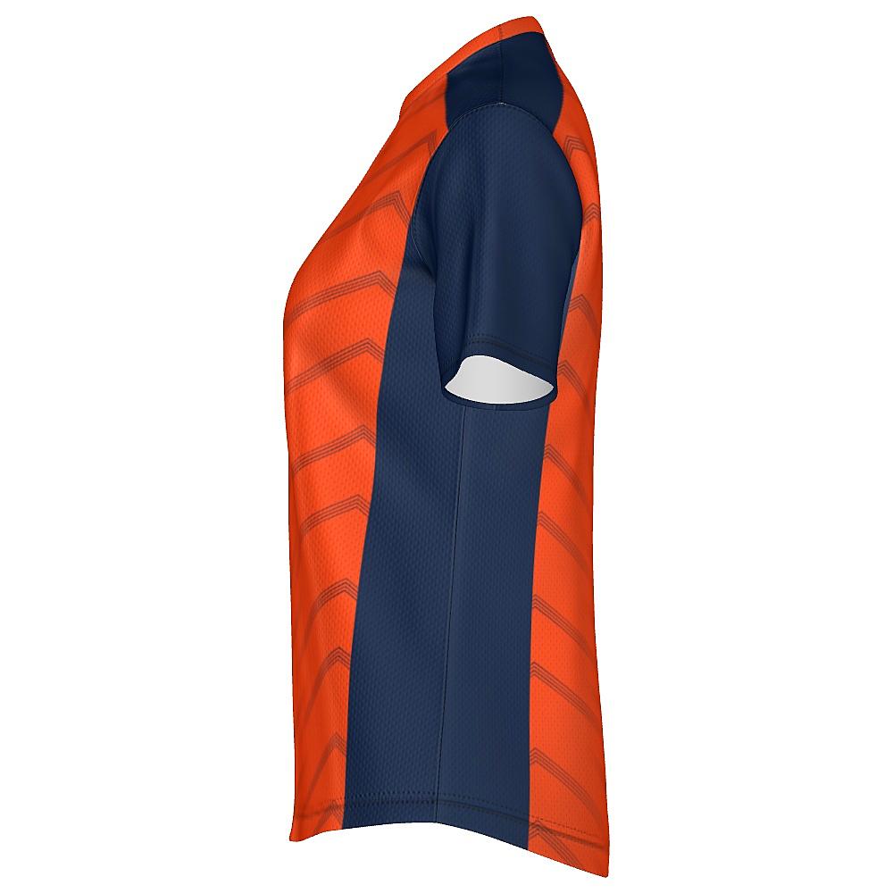 Orange shirt with navy accents and chevron design on a white background