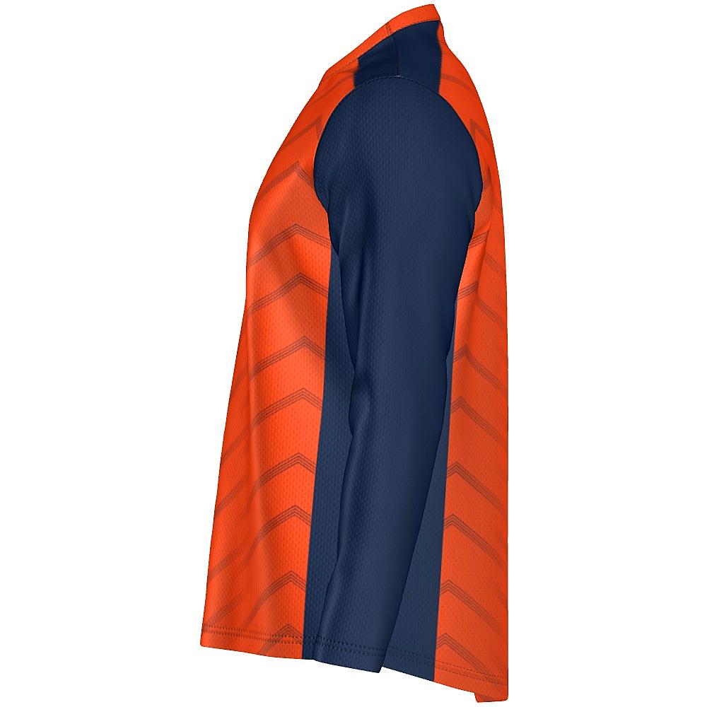 Orange long-sleeve shirt with navy accents and chevron design on a white background