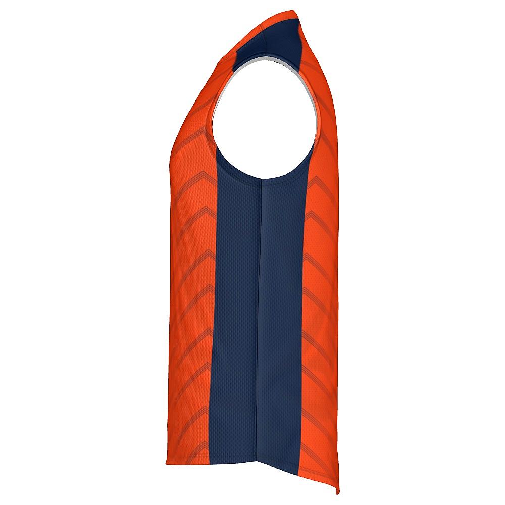 Orange sleeveless shirt with navy accents and chevron design on a white background