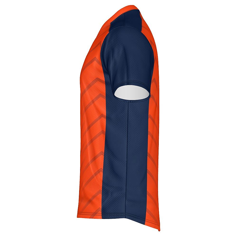 Orange shirt with navy accents and chevron design on a white background