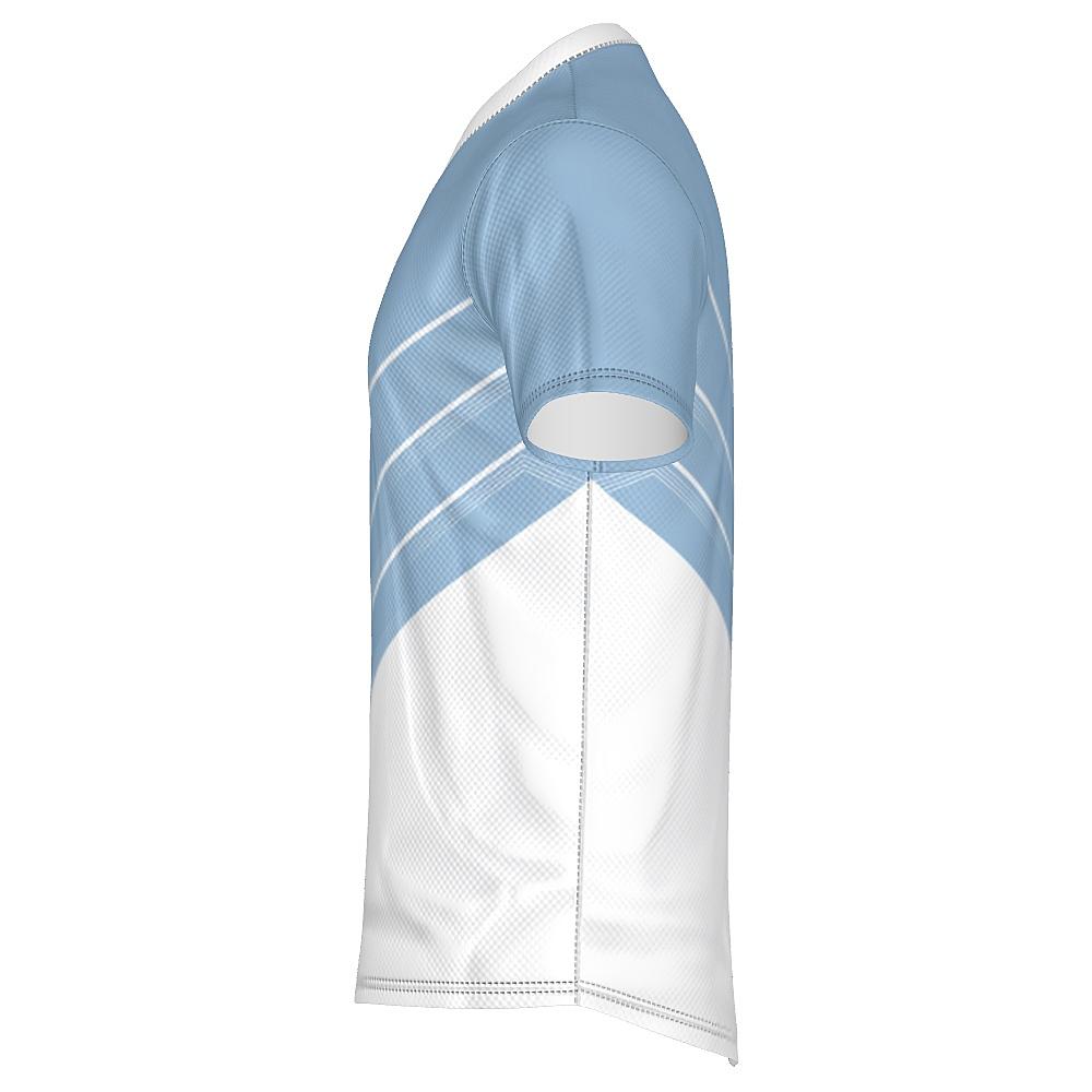 Blue and white shirt with chevron design on a white background