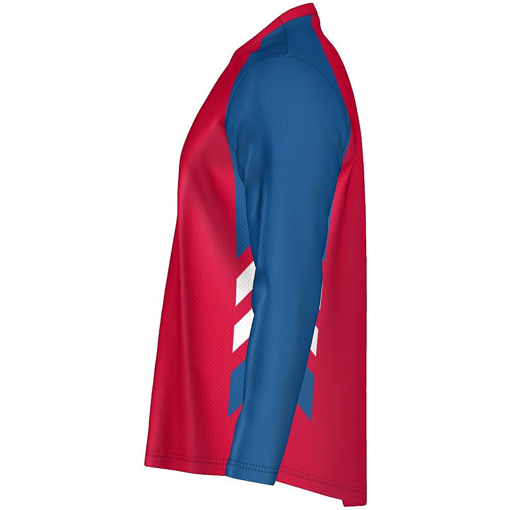 Red long-sleeve shirt with blue and white accents on a white background