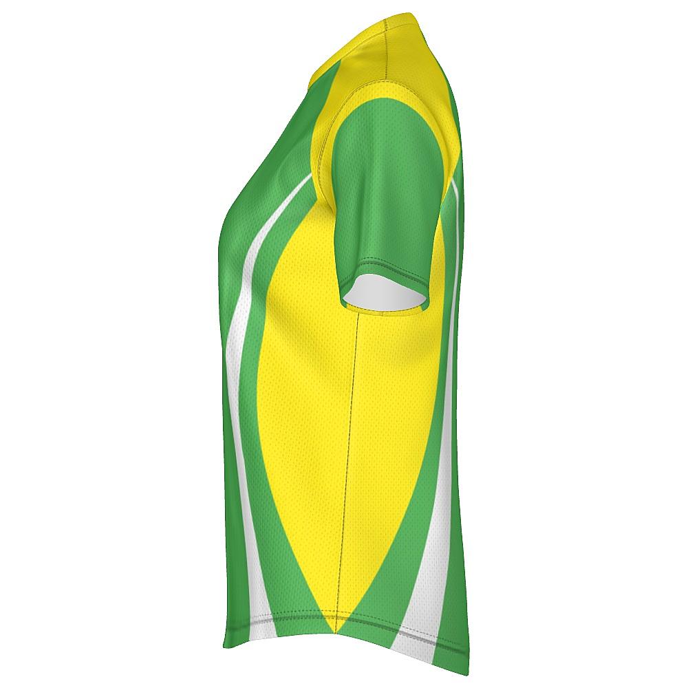Green shirt with yellow and white accents on a white background