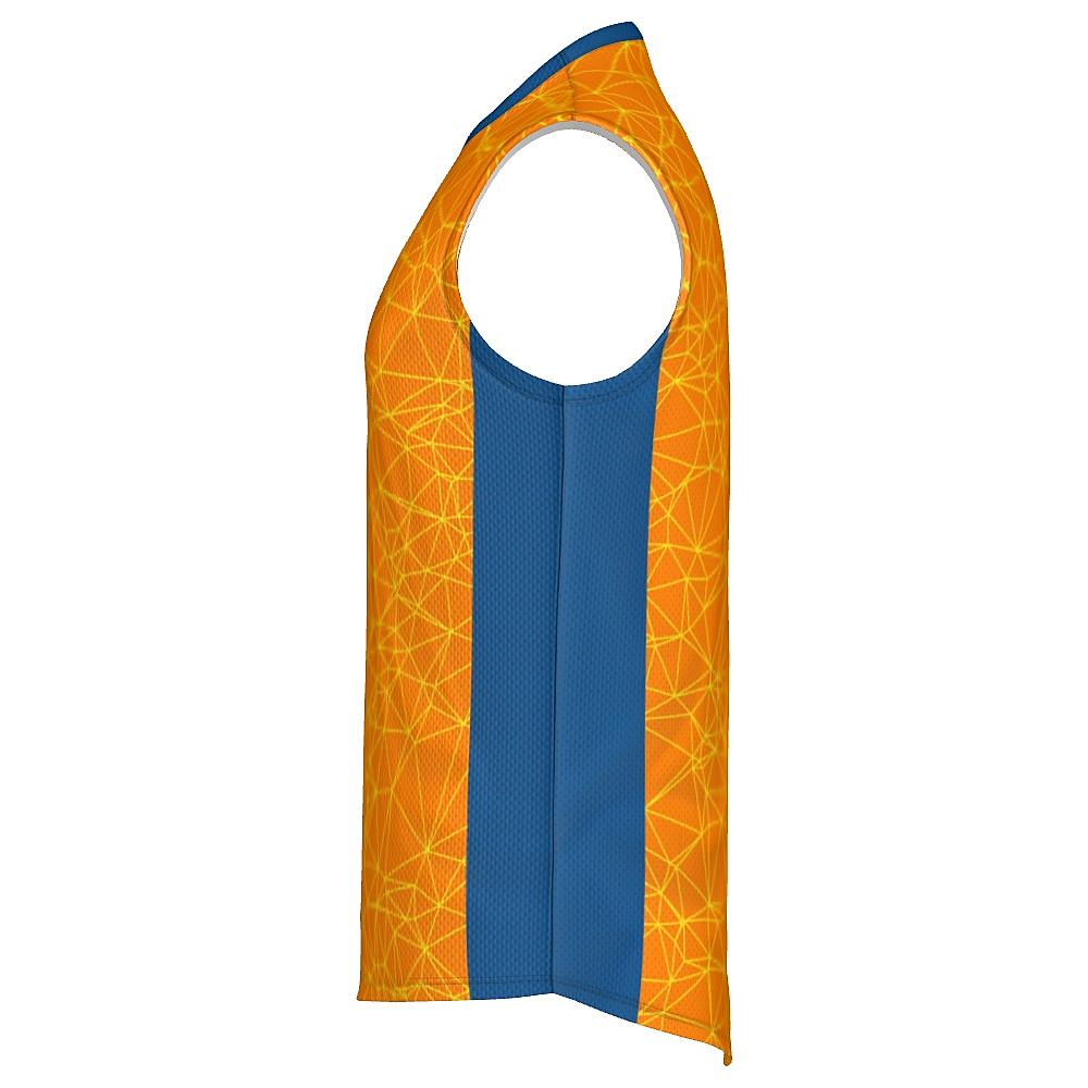 Orange sleeveless shirt with yellow geometric design and blue accents on a white background