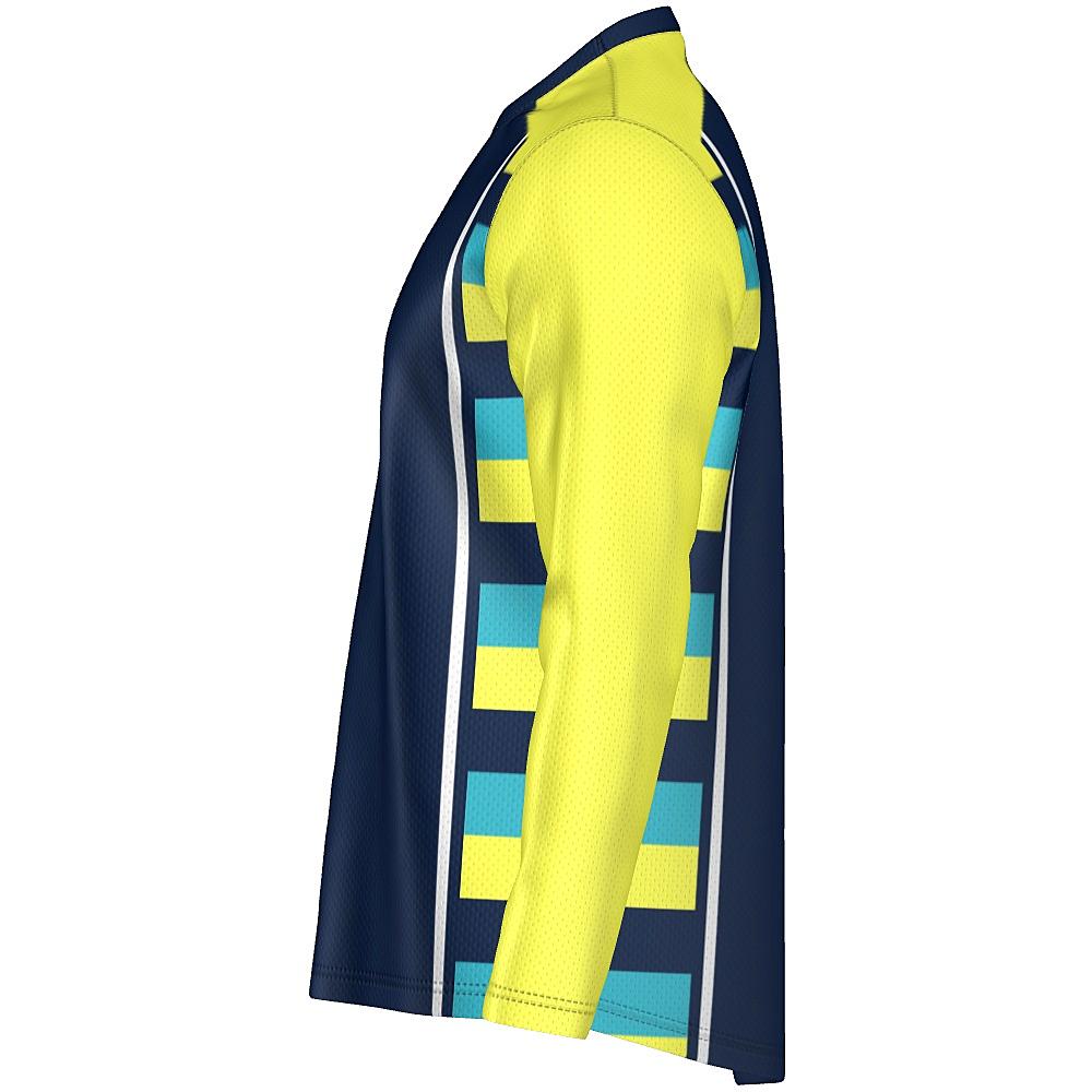 Navy long-sleeve shirt with yellow sleeves and striped side panels on a white background