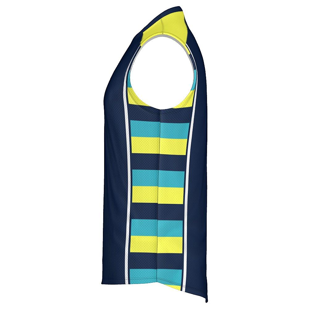 Navy sleeveless shirt with yellow shoulders and striped side panels on a white background