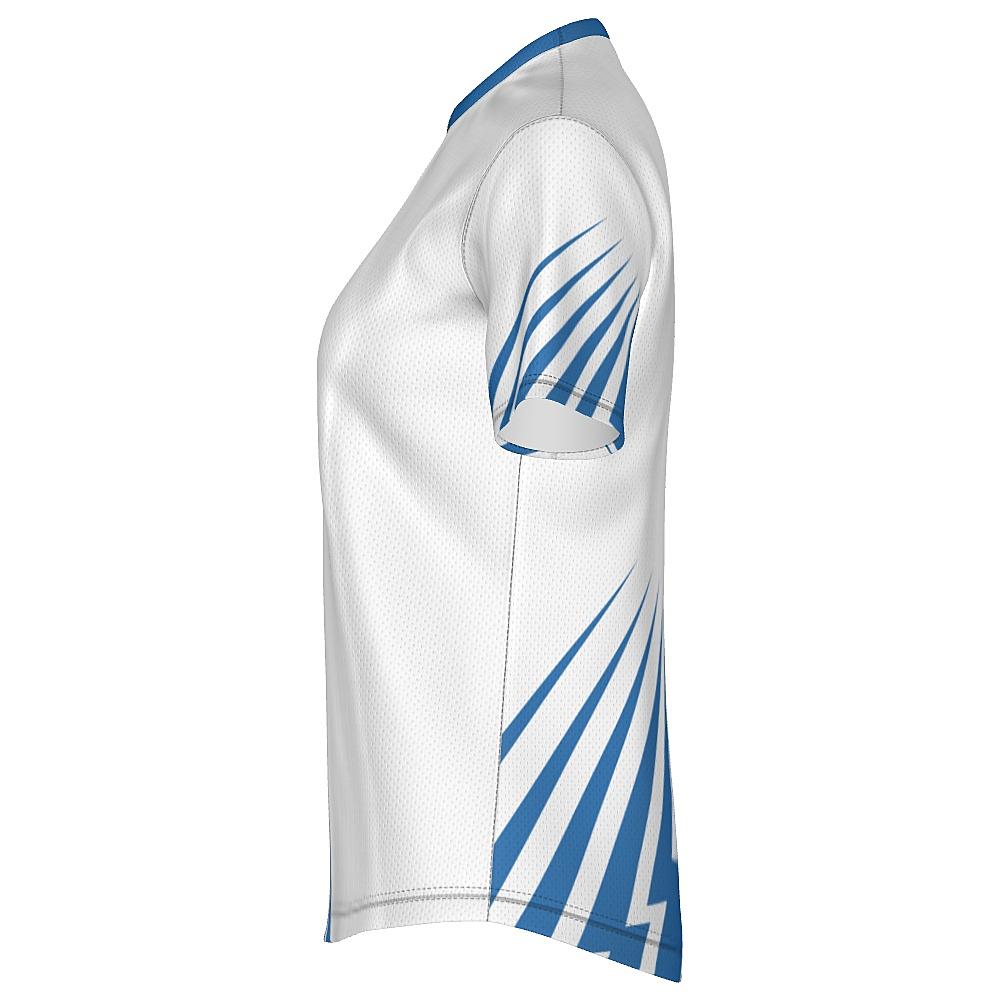 White shirt with blue bolt-shaped accents on a white background