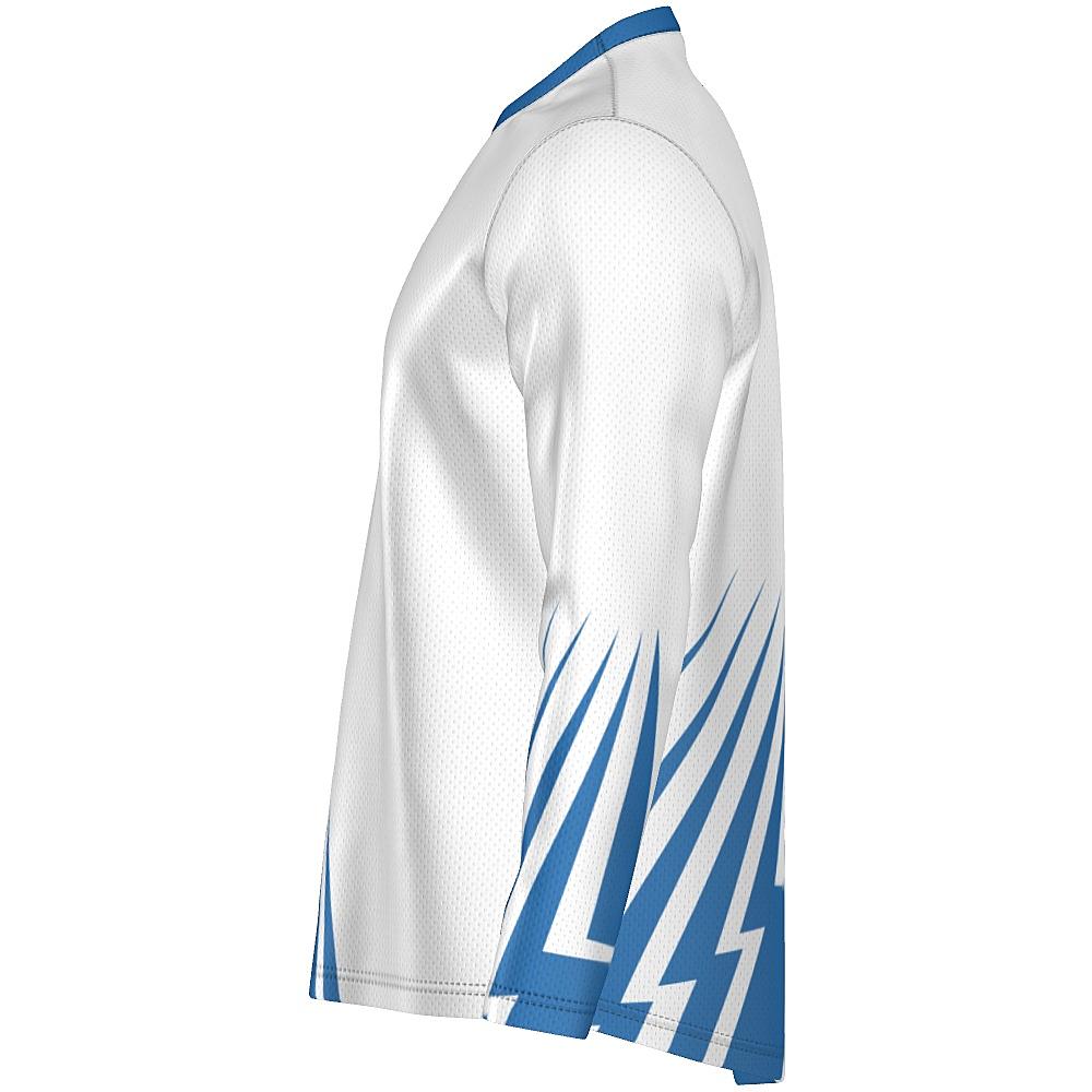 White long-sleeve shirt with blue bolt-shaped accents on a white background