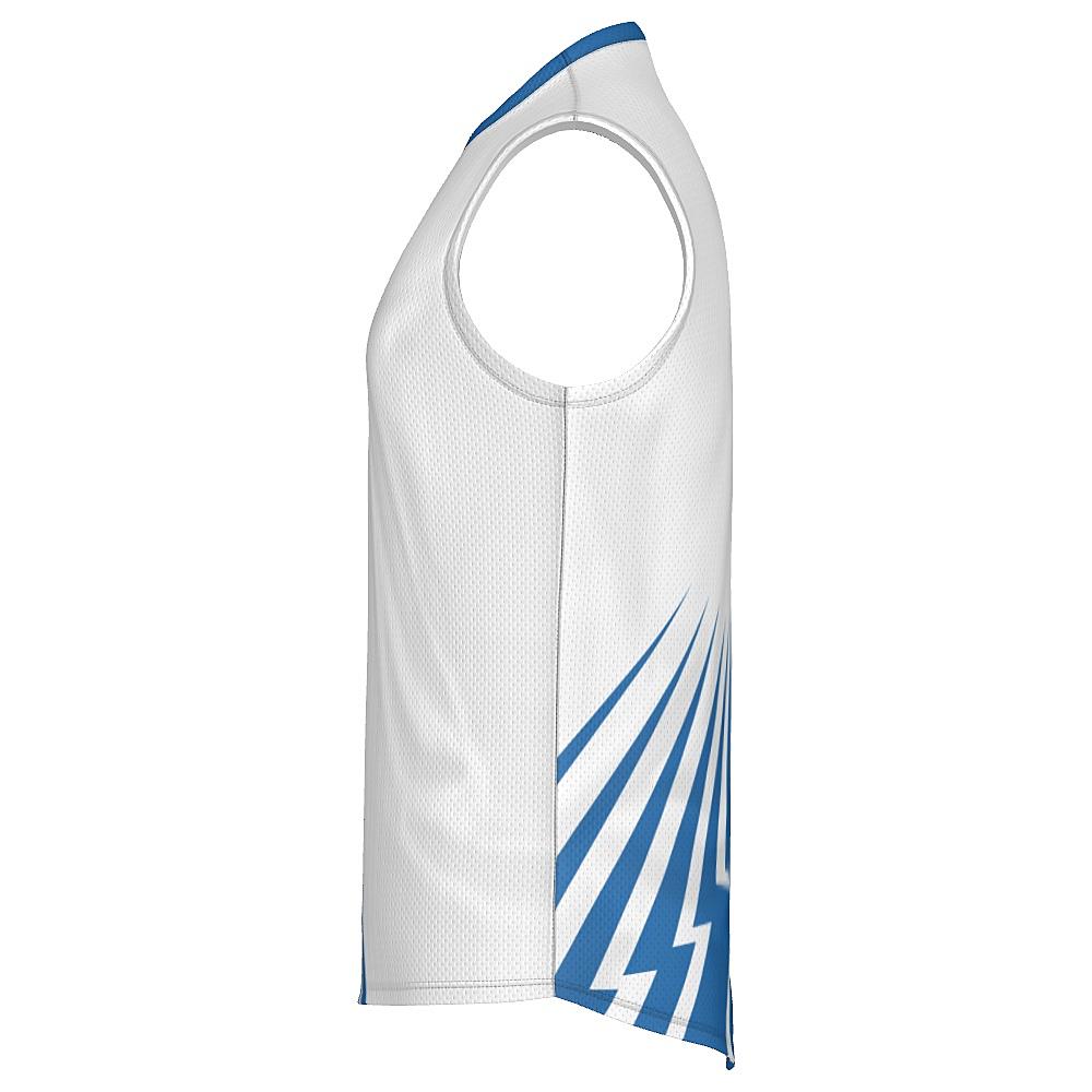 White sleeveless shirt with blue bolt-shaped accents on a white background