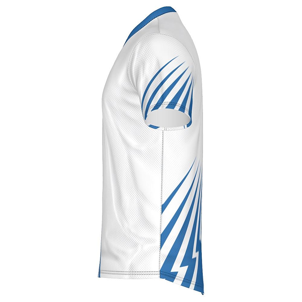 White shirt with blue bolt-shaped accents on a white background