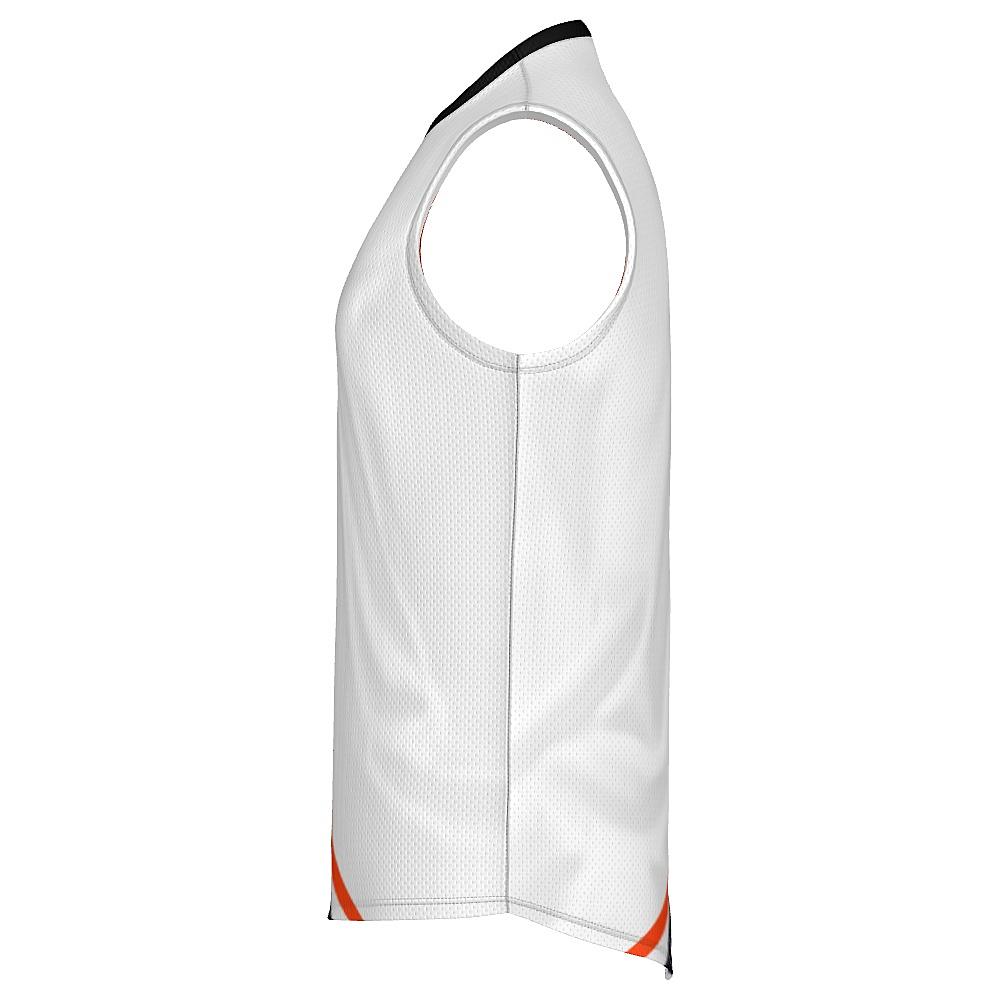 White sleeveless shirt with black and orange curved stripes on a white background