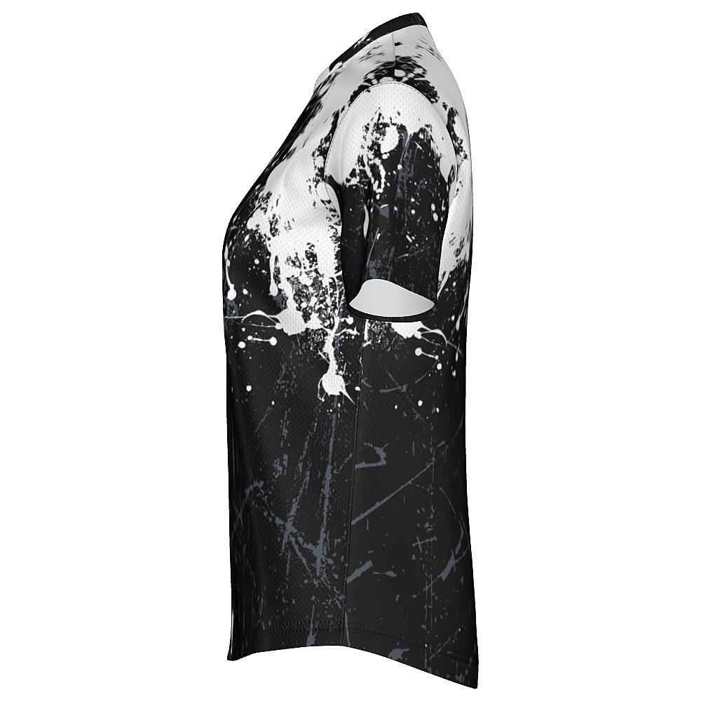 Black shirt with white and grey distressed design on a white background
