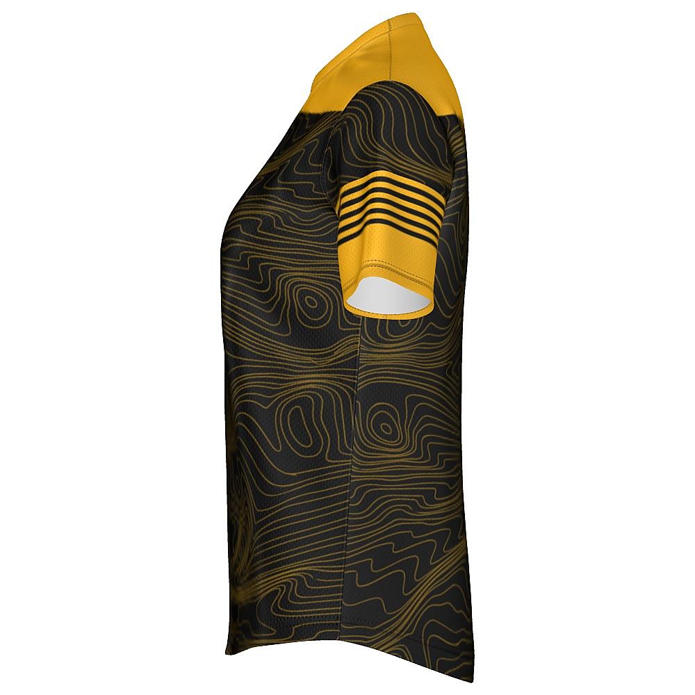 Black shirt with yellow accents and topographic design on a white background