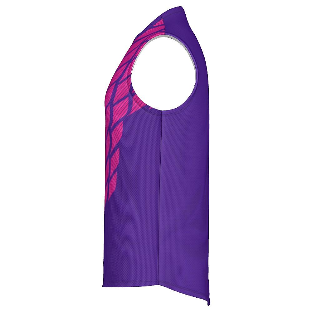Pink and purple sleeveless shirt with striped design on a white background