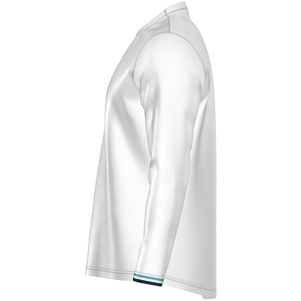 White long-sleeve shirt with blue argyle design on a white background
